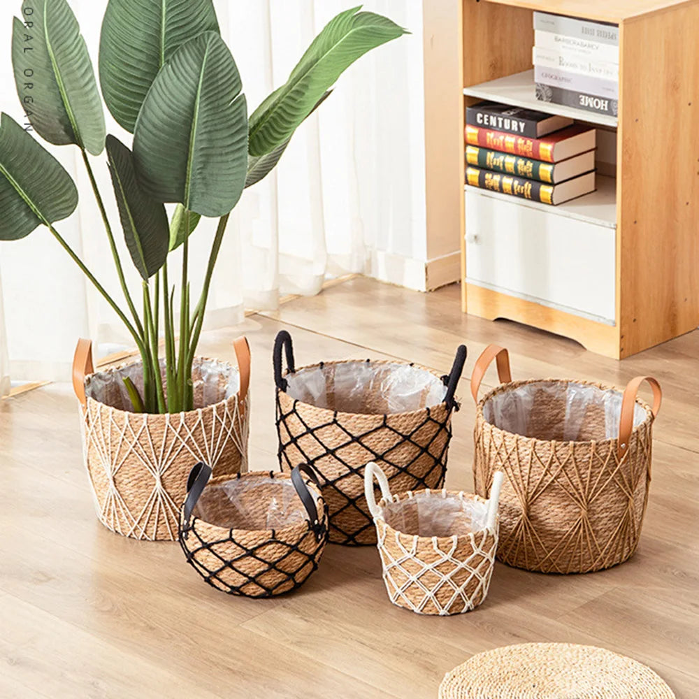 Rattan Storage Basket Living Room Flower Pot Home Decor Durable Net Pocket Pot Outdoor lawn decoration - Your Homes Décor and More