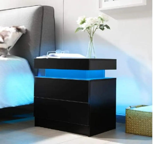 LED Nightstand with 2 Drawers for Bedroom, Living Room, Office. Black
