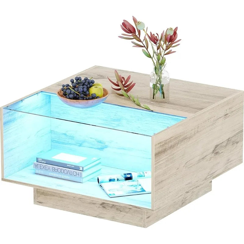 LED Coffee Table for Living Room, Modern Glass Top Center Table with Storage for Game Night, Unique Wood Coffee Table