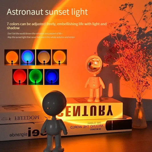 LED Seven Colors Light Sunset Light Astronaut Light Rainbow Projection Night Light 360Degree Rotation Rechargeable Ambient Light