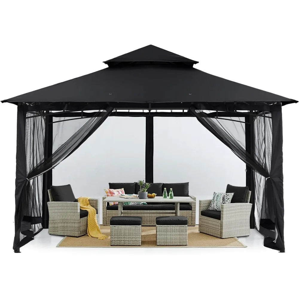 Outdoor Garden Gazebo for Patios with Stable Steel Frame and Netting Walls (10x10, Black), Outdoor Canopy, Sunshade Tent