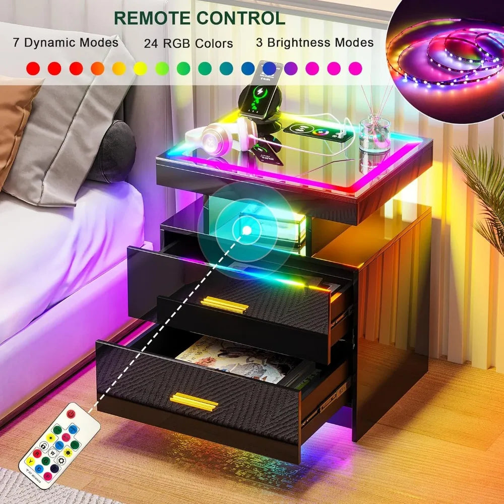 LED Nightstand With Wireless Charging, USB Ports, 3 Color Adjustable Brightness and Embedded Light Strip