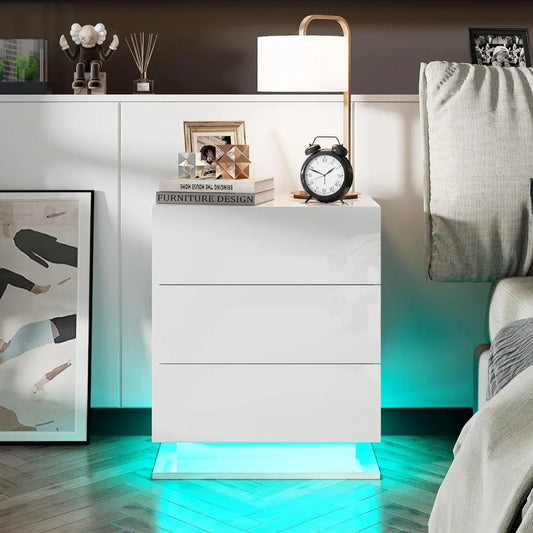Modern High Gloss LED Nightstands With 3 Drawers (White).