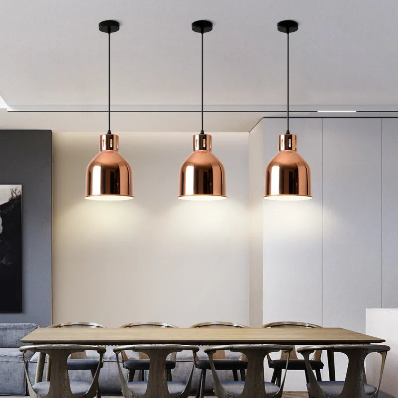 Nordic Rose Gold Pendant Lights Plated Metal Hanging Lamp Fixtures Dining Room Kitchen Island Bar Cafe Indoor Decor