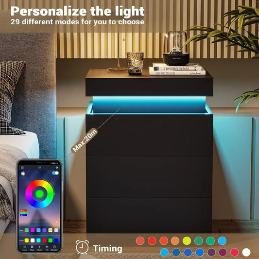LED Nightstand with Charging Station, Sliding Top and 3 Easy Slide Drawers