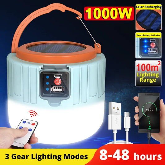 1000W Solar LED Camping Light Waterproof USB Rechargeable Outdoor Tent Lamp Portable Emergency Lights BBQ Hiking