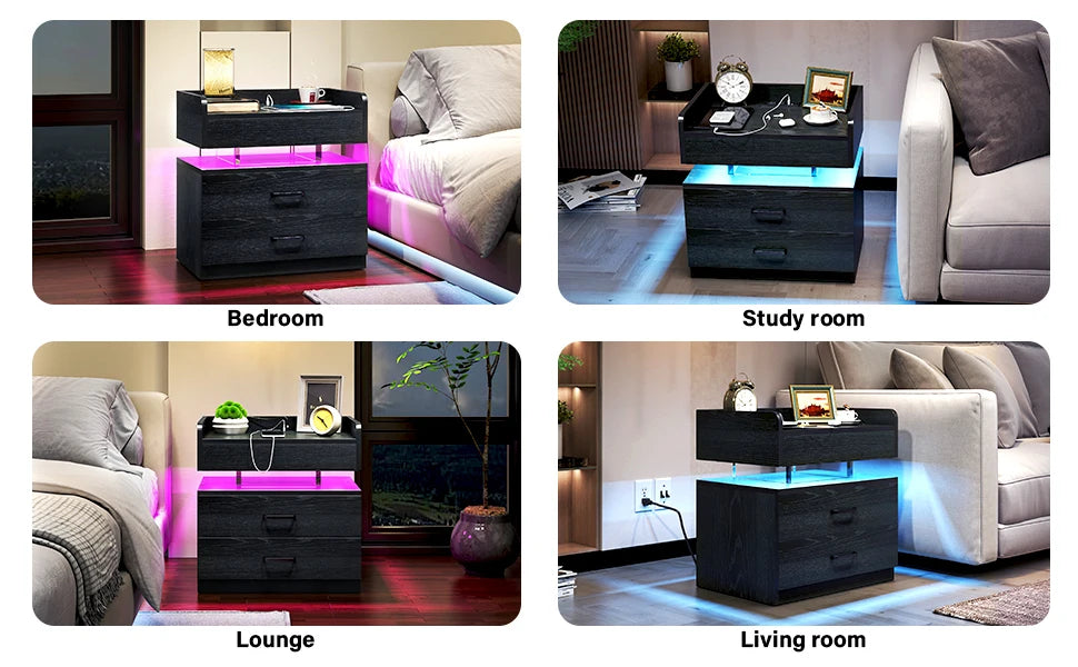 LED Nightstand with Voice-Activated Mode, Acrylic Float Nightstand with Charging Station, Side Table End Table with 2 Drawers