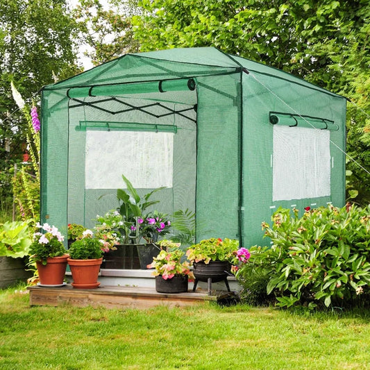 8'x12' Portable Greenhouse Pop-up Indoor Outdoor Plant Gardening Canopy, 2 Roll-Up Zipper Doors and 4 Side Windows