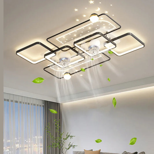 Modern LED ceiling fan with remote control.