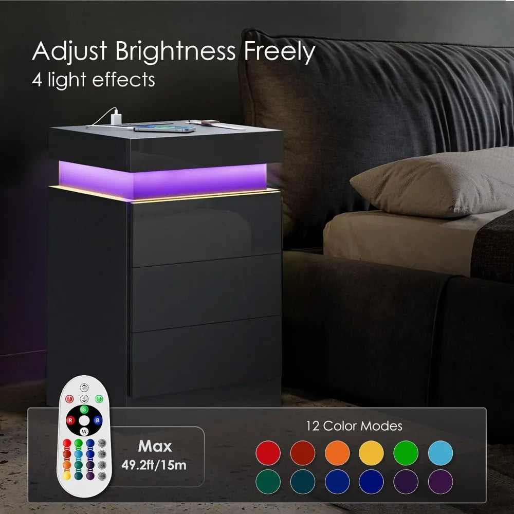 Nightstand with Wireless Charging Station, 3-Drawers, Smart Bedside Table, End Side Table,16 Different Colored Lights & 2 USB Ports