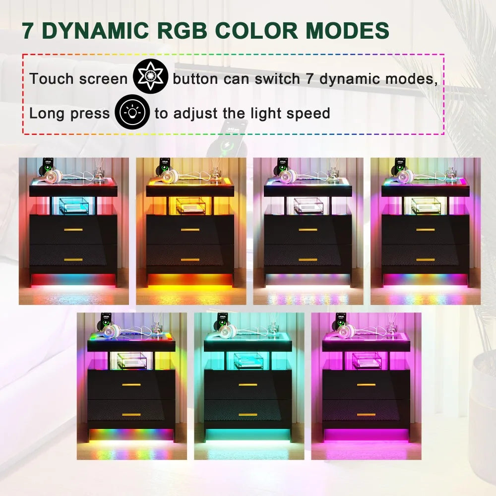 Auto LED Nightstand with Wireless Charging Station, Smart Night Stand with Drawer and RGB Dynamic Lighting,Modern Bedside Tables