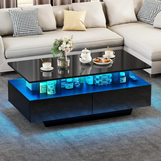 LED coffee table with storage, high gloss,  small center table with open display stand.