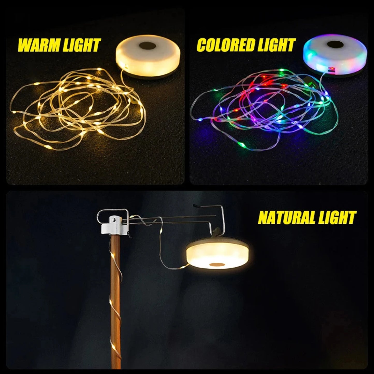 USB Rechargeable Camping Atmosphere Outdoor Tent Light.  Colorful LED Flashlight with Magnet Hook 10 Meter Light Strip