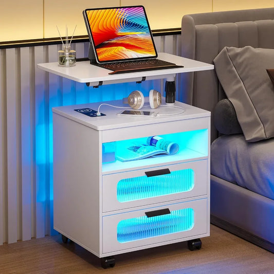 LED Nightstand With Adjustable Rotary Workstation, and Wireless Charging Station.
