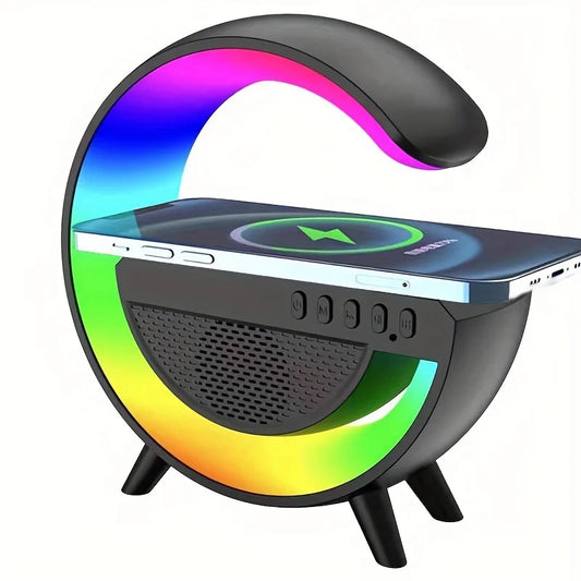 RGB Atmosphere Light. Wireless Charger Stand. FM TF Card Bluetooth Speaker. Works for ALL Phones that support wireless charging. Fast Charging Station