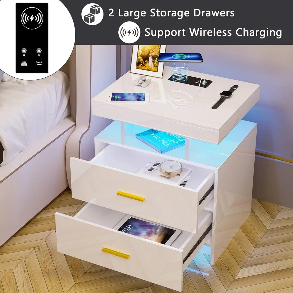 Auto LED Nightstand With Wireless Charging Station & USB Ports. Bedside Tables.