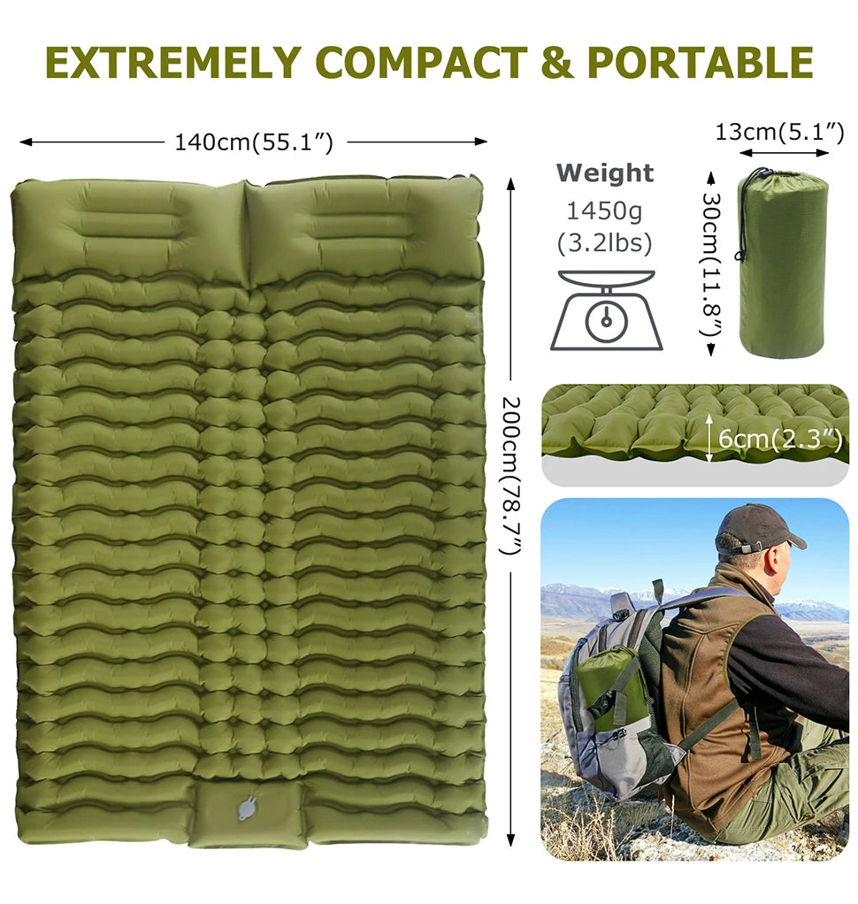 Double Sleeping Pad for Camping . Self-Inflating Mat, Sleeping Mattress with Pillow for Hiking, Outdoor 2 Persons Travel Bed, Air Mat