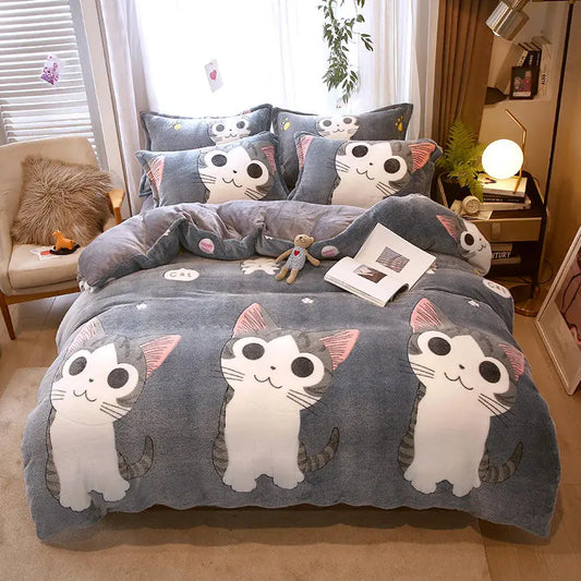Bonenjoy 1pc Flannel Duvet Cover Cartoon Cats Quilt Cover for Kids Winter Warm housse de couette220x240cm (without pillowcase) - Your Homes Décor and More