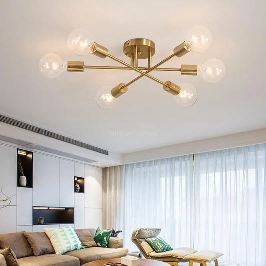 Dropshipping Modern Sputnik Chandelier Nordic Semi Flush Mount Ceiling Lamp Brushed Antique Gold Home Decor Lighting Fixture - Your Homes Décor and More