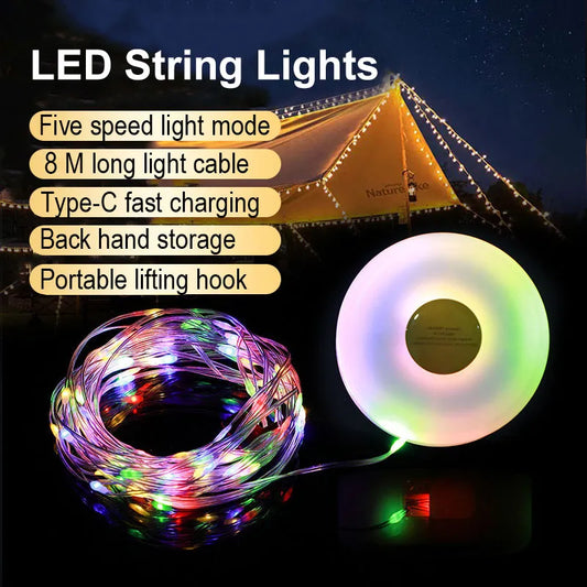 LED Light String Portable Camping Lights 1800mAh Rechargeable. 8m Outdoor Atmosphere Tent Wedding Christmas Decor Strip