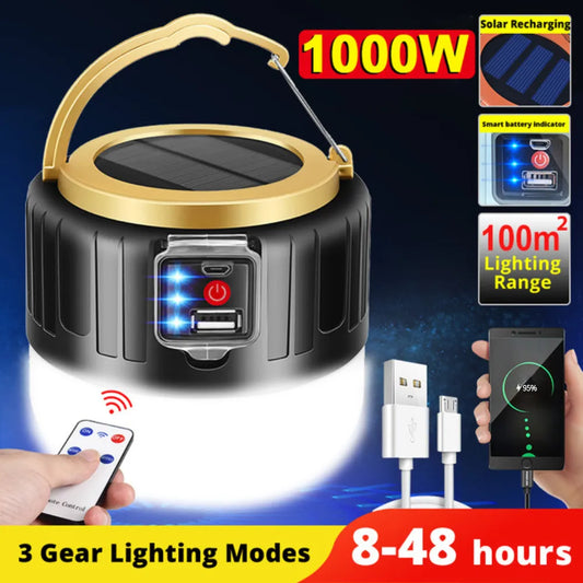 1000W Outdoor Solar LED Camping Light USB Rechargeable Tent Lamp Portable Lanterns Emergency Lights For BBQ Hiking