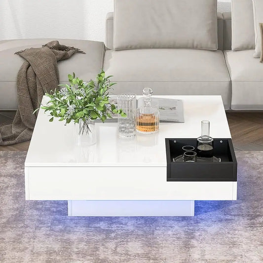 Modern Minimalist Design Coffee Table with 16 LED Lighting Options w/ Remote Control and Detachable Tray,White