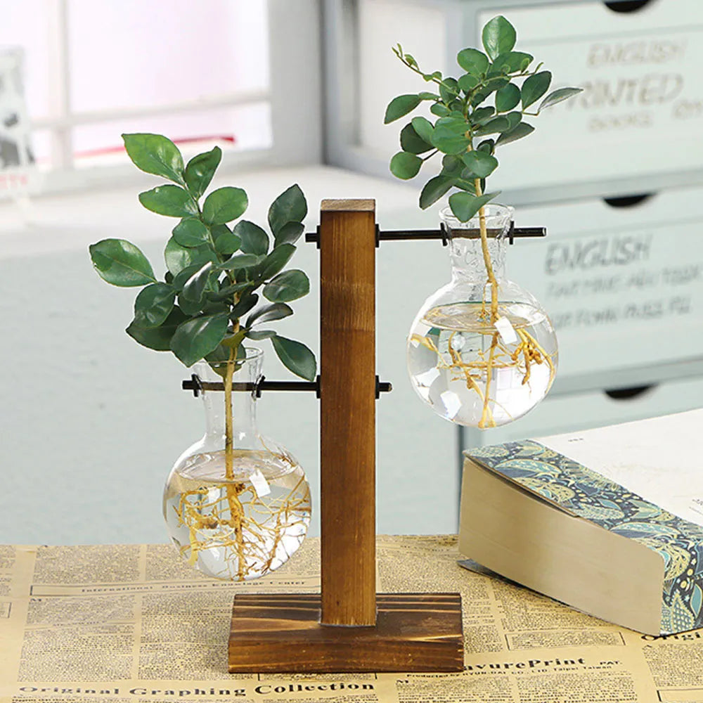 Creative Glass Desktop Planter Bulb Vase Wooden Stand Hydroponic Plant Container Home Tabletop Decor Vases - Your Homes Décor and More