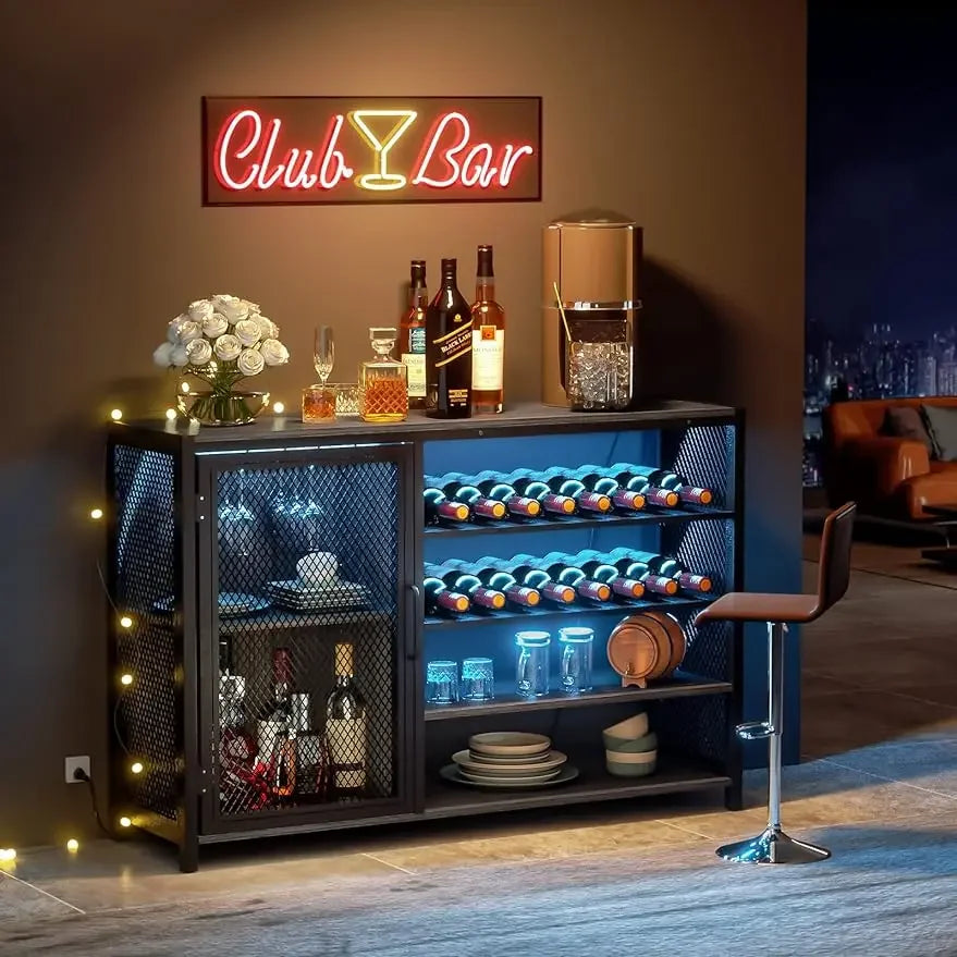 Liquor Cabinet And Bar with RGB LED Lights And Outlet