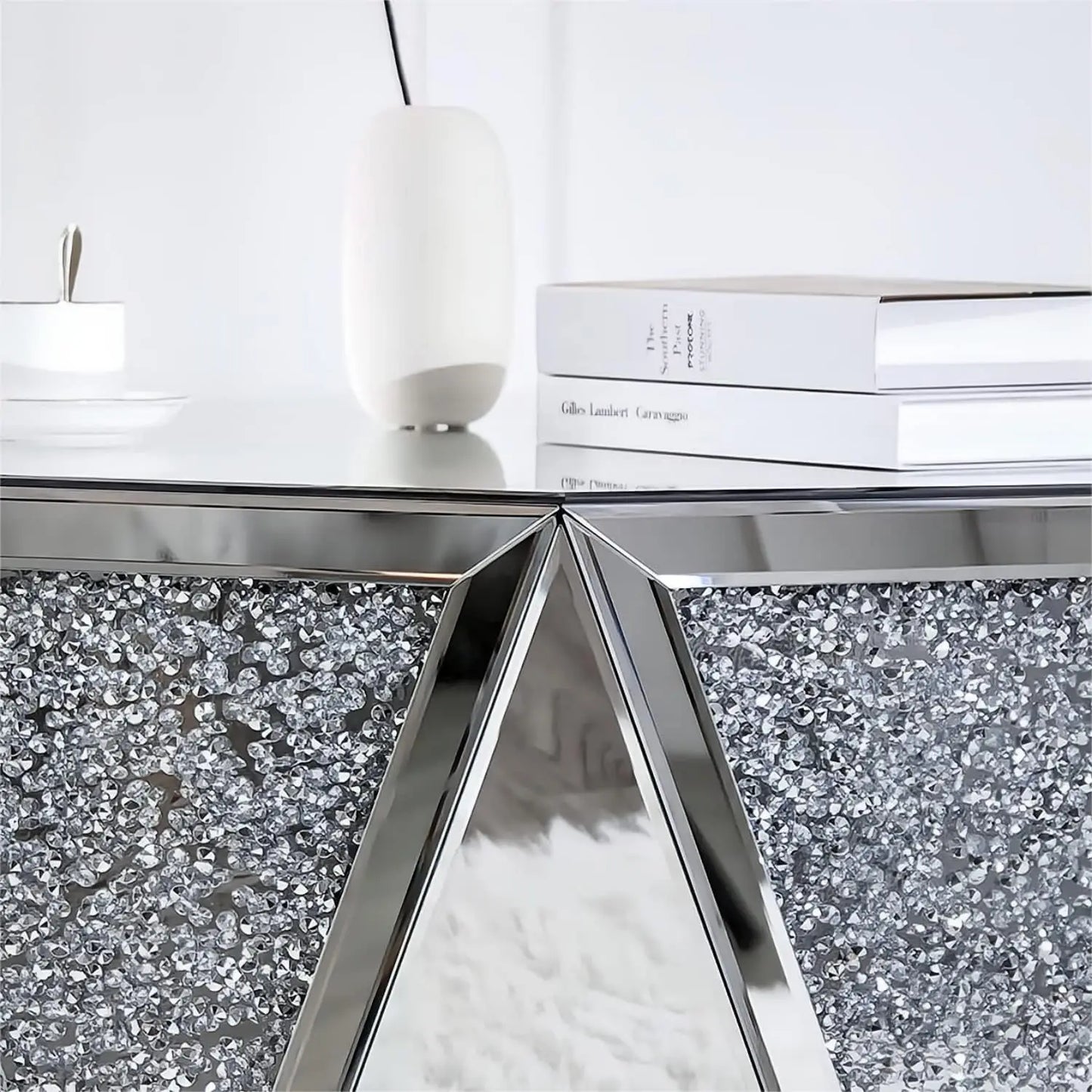 Drum Coffee Table Mirrored with Crystal Inlay, Hexagon Silver Accent Table, 31.5‘’ Low Coffee Table