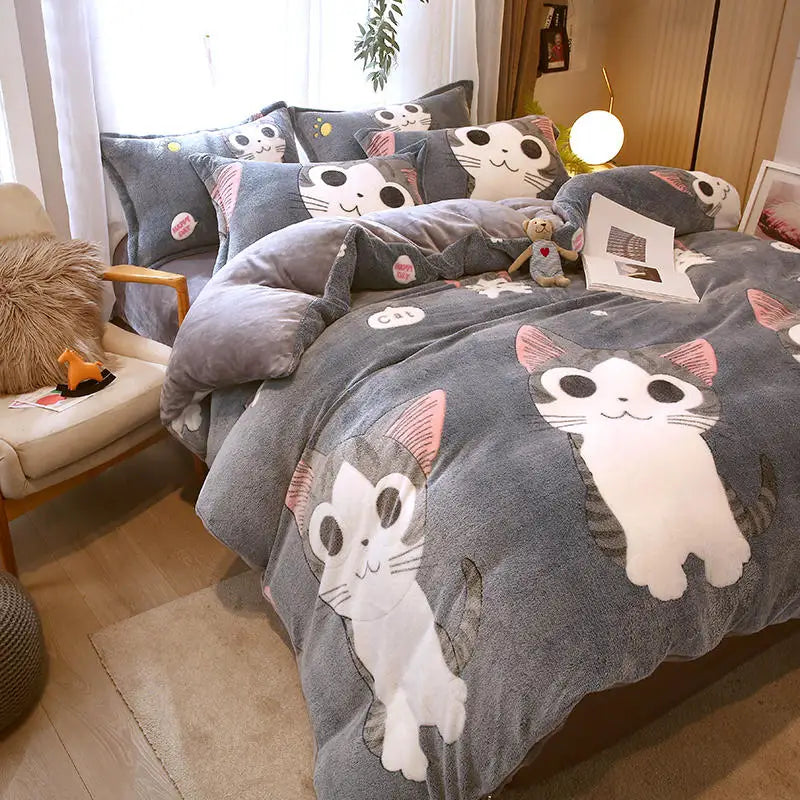 Bonenjoy 1pc Flannel Duvet Cover Cartoon Cats Quilt Cover for Kids Winter Warm housse de couette220x240cm (without pillowcase) - Your Homes Décor and More