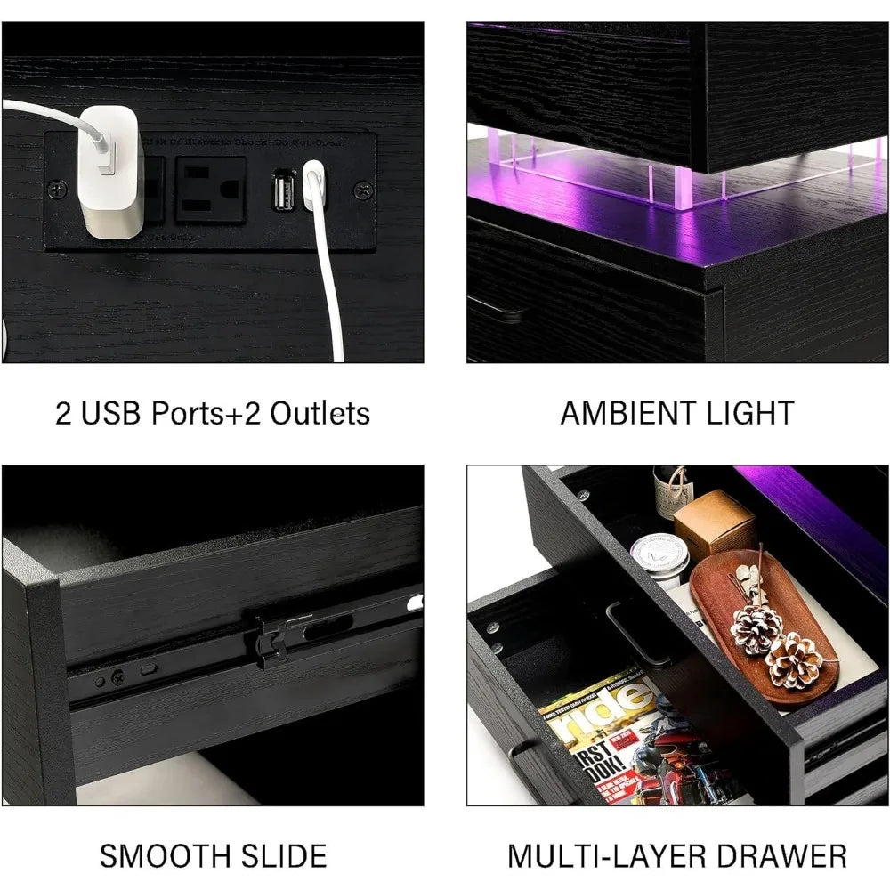 Voice Activated, LED Nightstand, Acrylic Float Nightstand with Charging Station, Side Table End Table with 2 Drawers