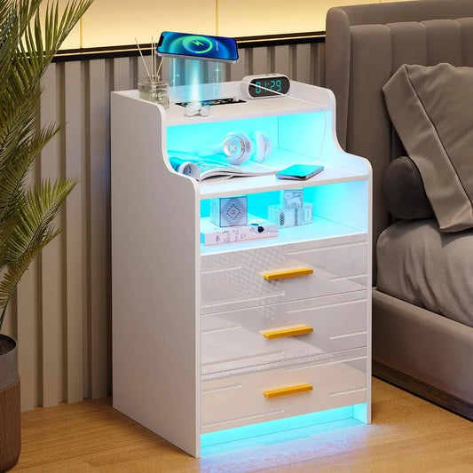 White Nightstand With 3 Drawers. Built-In LED Lighting. Wireless Charging Station
