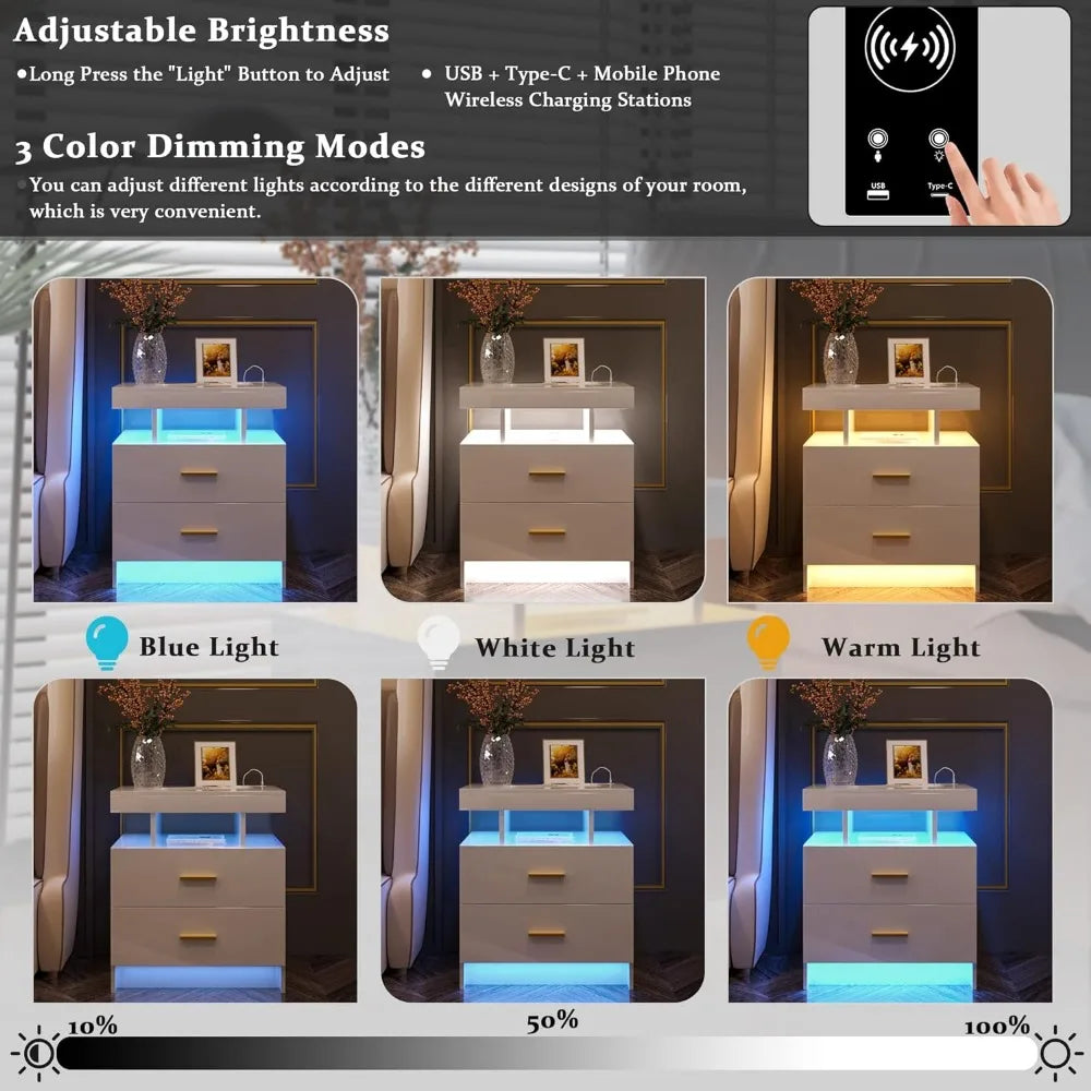 Auto LED Nightstand With Wireless Charging Station & USB Ports. Bedside Tables.