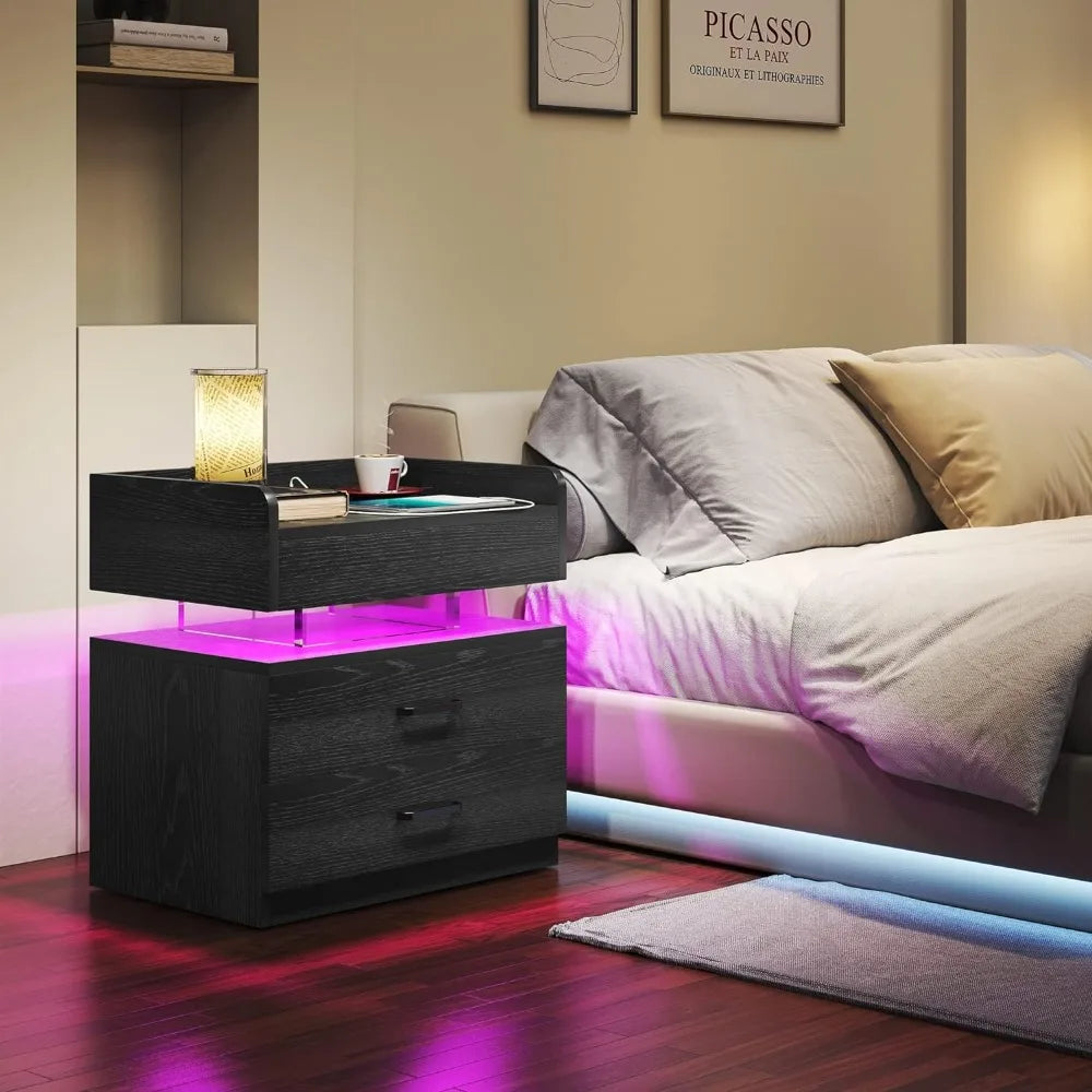 LED Nightstand with Voice-Activated Mode, Acrylic Float Nightstand with Charging Station, Side Table End Table with 2 Drawers
