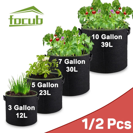 1/2Pcs Plant Grow Bags with Heavy Duty Non-Woven Fabric.  Bags come with Handles. Great for Growing Vegetables and Flowers. Perfect for Planting 3/5/7/10 Gallon Plants.