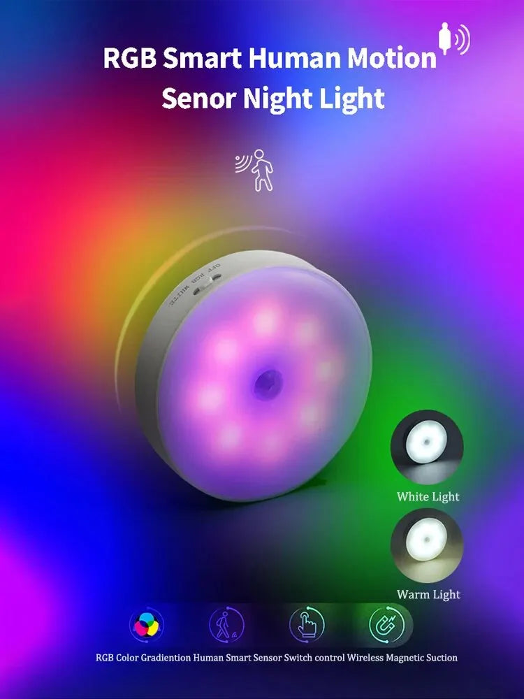 RGB LED Night Light Smart Human Body Sensor Adjustable Brightness Magnetic Suction Design Wireless-use Night Lamp