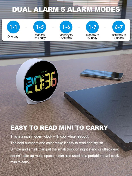 Round Alarm Clock with Snooze Calendar 12/24H Week Digital LED Clock
