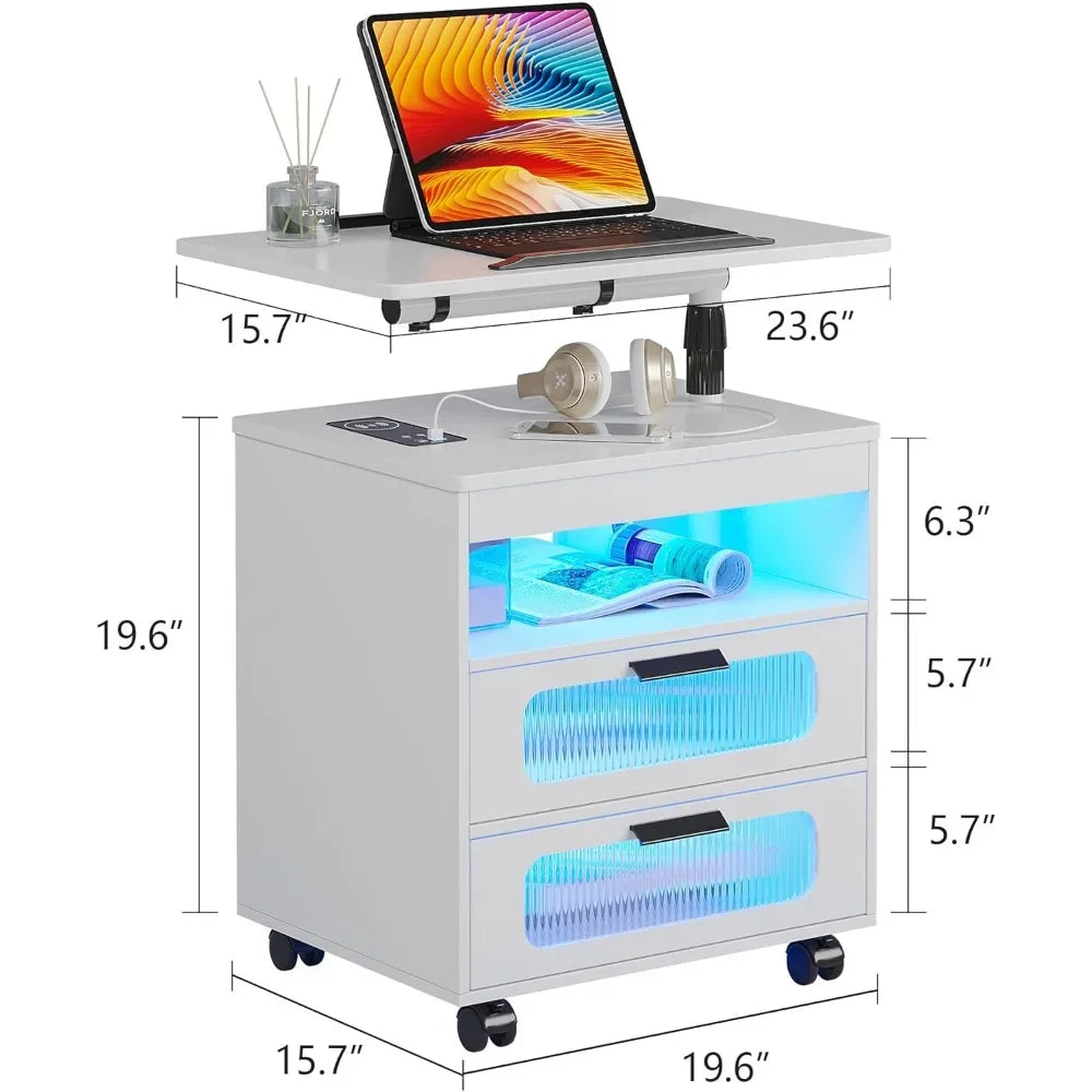 LED Nightstand Has Adjustable Rotary Workstation Furniture Nightstand With Wireless Charging Station Mobile Bedside Table