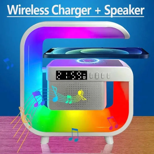 Wireless Charger Stand.  Bluetooth Speaker, Alarm Clock, RGB Light Night Lamp, Fast Charging Station for iPhone, Samsung, Xiaomi.